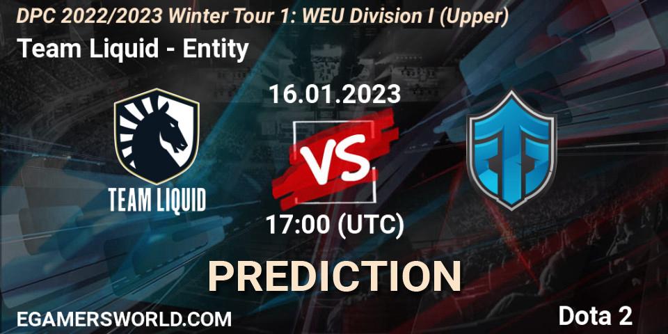 Pronósticos Team Liquid - Entity. 16.01.2023 at 16:55. DPC 2022/2023 Winter Tour 1: WEU Division I (Upper) - Dota 2