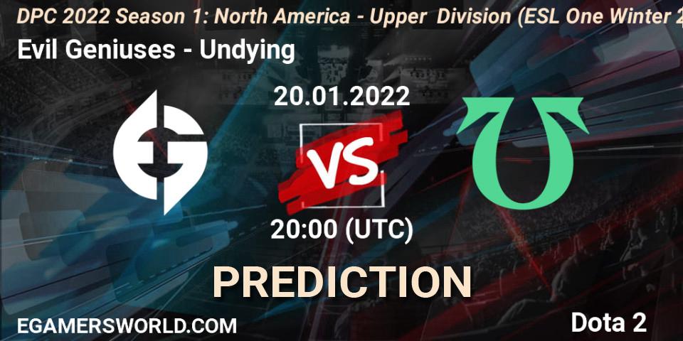 Pronósticos Evil Geniuses - Undying. 20.01.2022 at 20:22. DPC 2022 Season 1: North America - Upper Division (ESL One Winter 2021) - Dota 2