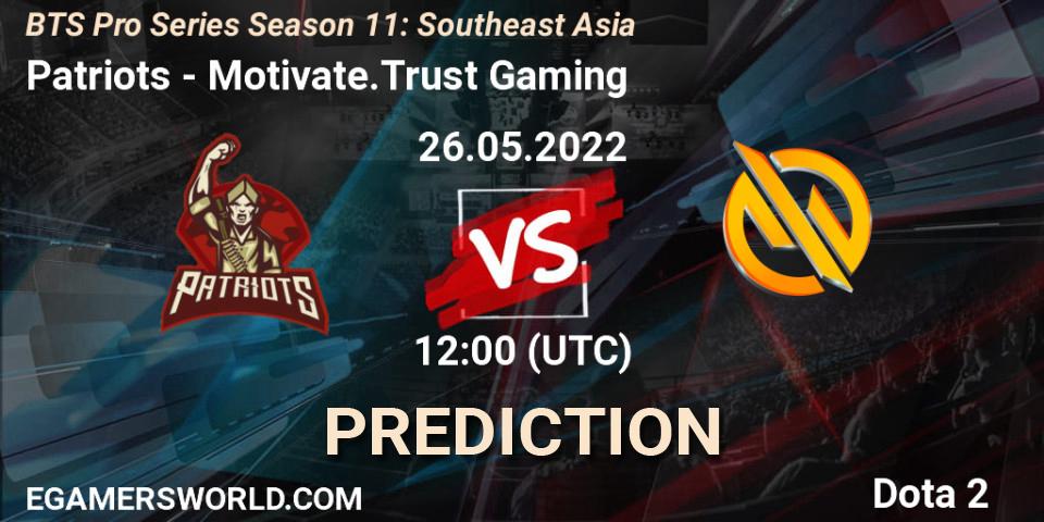 Pronósticos Patriots - Motivate.Trust Gaming. 26.05.2022 at 11:18. BTS Pro Series Season 11: Southeast Asia - Dota 2