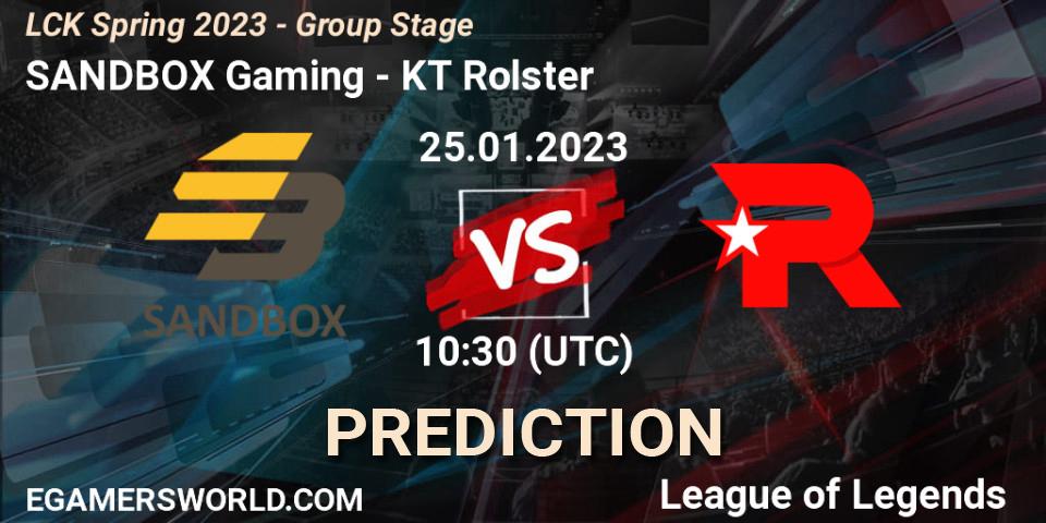 Pronósticos SANDBOX Gaming - KT Rolster. 25.01.2023 at 10:30. LCK Spring 2023 - Group Stage - LoL