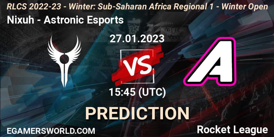 Pronósticos Nixuh - Astronic Esports. 27.01.2023 at 15:45. RLCS 2022-23 - Winter: Sub-Saharan Africa Regional 1 - Winter Open - Rocket League