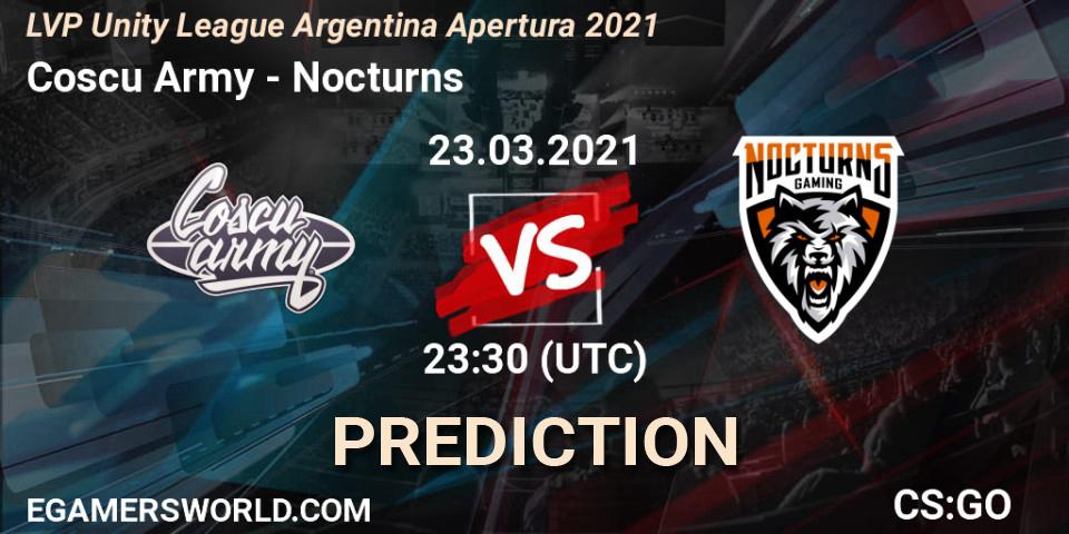 Pronósticos Coscu Army - Nocturns. 23.03.2021 at 23:30. LVP Unity League Argentina Apertura 2021 - Counter-Strike (CS2)