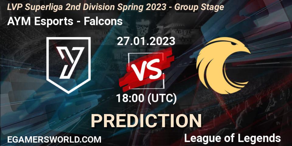 Pronósticos AYM Esports - Falcons. 27.01.2023 at 18:00. LVP Superliga 2nd Division Spring 2023 - Group Stage - LoL