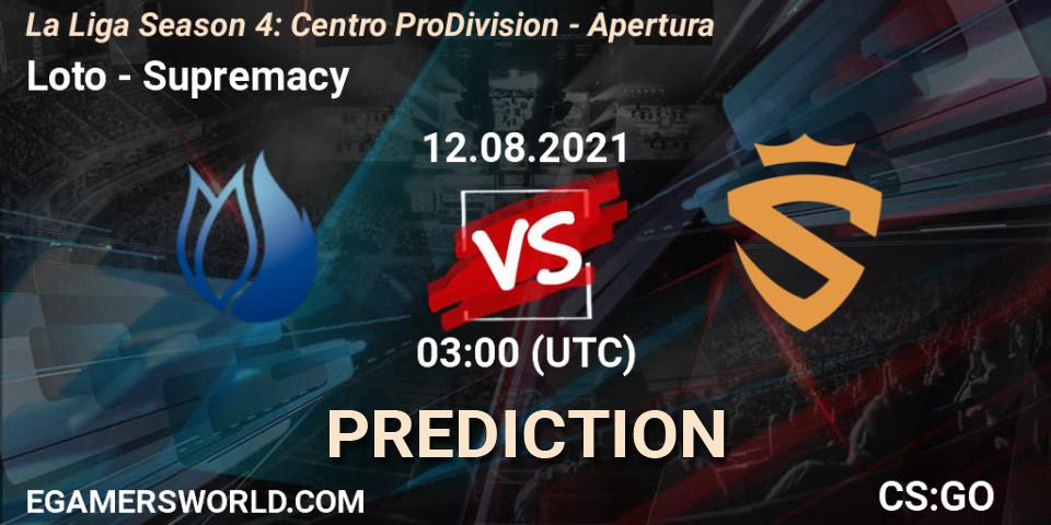 Pronósticos Loto - Supremacy. 12.08.2021 at 03:00. La Liga Season 4: Centro Pro Division - Apertura - Counter-Strike (CS2)