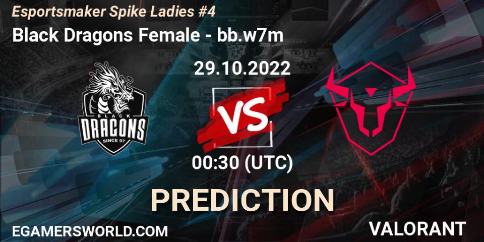 Pronósticos Black Dragons Female - bb.w7m. 29.10.2022 at 00:30. Esportsmaker Spike Ladies #4 - VALORANT