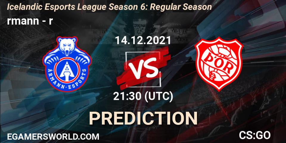 Pronósticos Ármann - Þór. 14.12.2021 at 21:30. Icelandic Esports League Season 6: Regular Season - Counter-Strike (CS2)