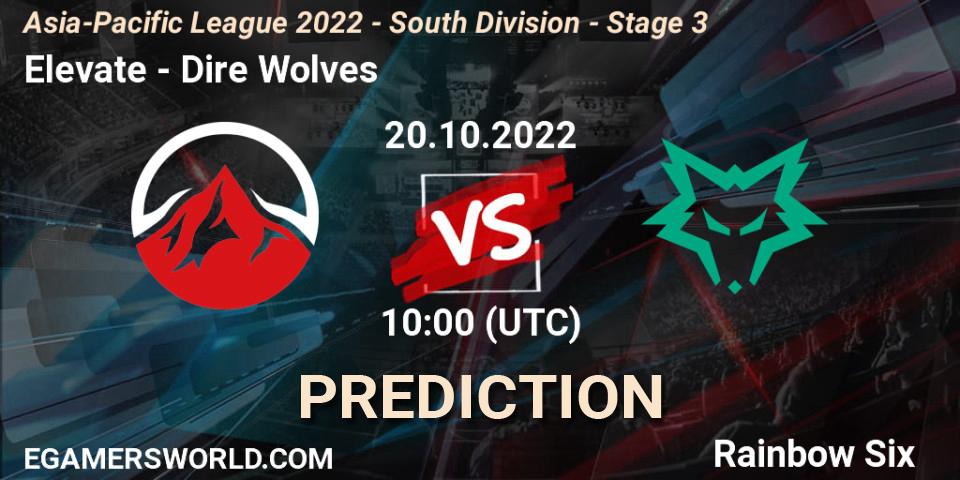 Pronósticos Elevate - Dire Wolves. 20.10.2022 at 10:00. Asia-Pacific League 2022 - South Division - Stage 3 - Rainbow Six