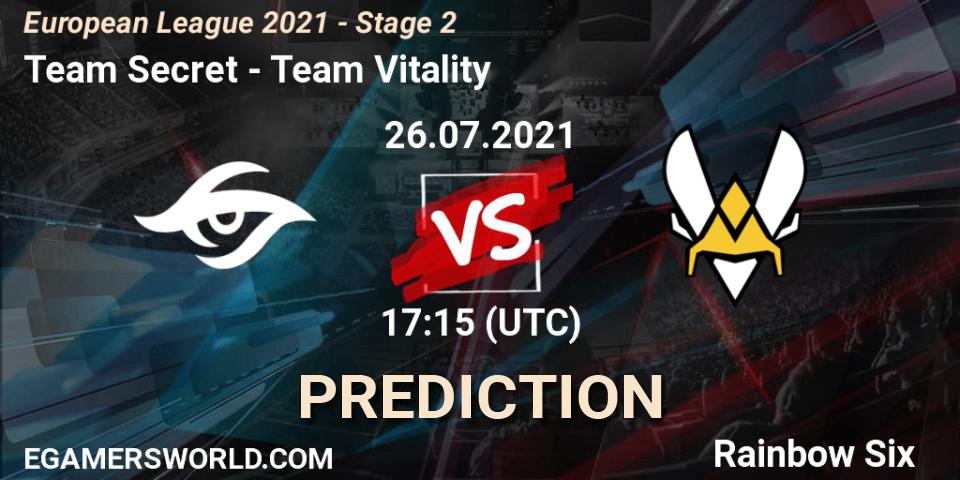 Pronósticos Team Secret - Team Vitality. 26.07.2021 at 17:15. European League 2021 - Stage 2 - Rainbow Six