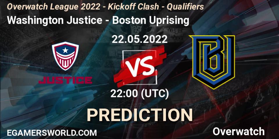 Pronósticos Washington Justice - Boston Uprising. 22.05.2022 at 22:00. Overwatch League 2022 - Kickoff Clash - Qualifiers - Overwatch