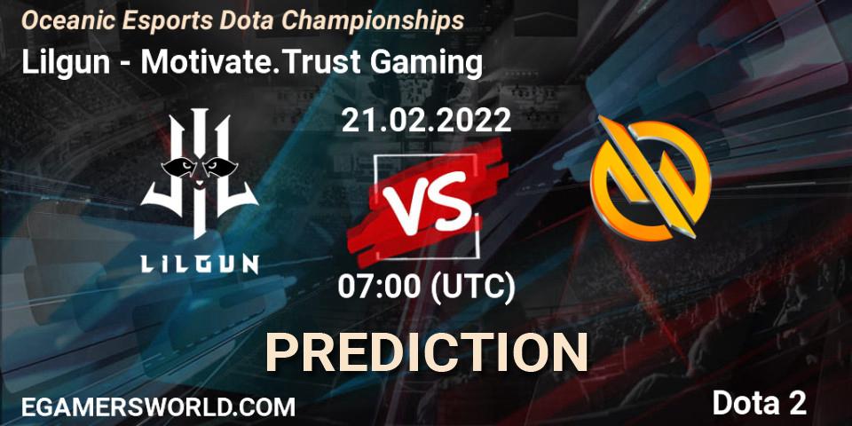 Pronósticos Lilgun - Motivate.Trust Gaming. 21.02.2022 at 07:14. Oceanic Esports Dota Championships - Dota 2