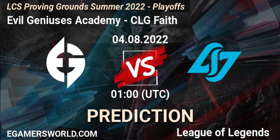 Pronósticos Evil Geniuses Academy - CLG Faith. 04.08.2022 at 00:00. LCS Proving Grounds Summer 2022 - Playoffs - LoL