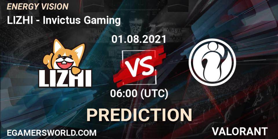 Pronósticos LIZHI - Invictus Gaming. 01.08.2021 at 06:00. ENERGY VISION - VALORANT