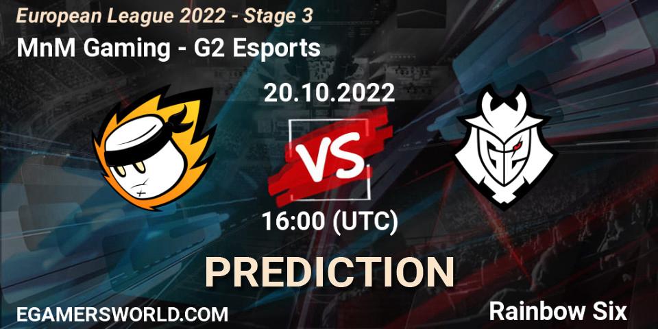 Pronósticos MnM Gaming - G2 Esports. 20.10.2022 at 19:45. European League 2022 - Stage 3 - Rainbow Six