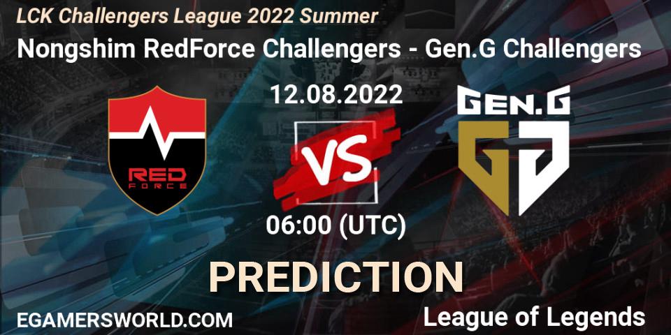 Pronósticos Nongshim RedForce Challengers - Gen.G Challengers. 12.08.2022 at 06:00. LCK Challengers League 2022 Summer - LoL