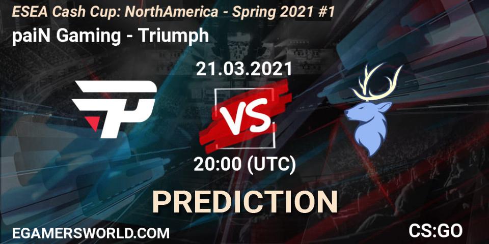 Pronósticos paiN Gaming - Triumph. 21.03.2021 at 20:00. ESEA Cash Cup: North America - Spring 2021 #1 - Counter-Strike (CS2)