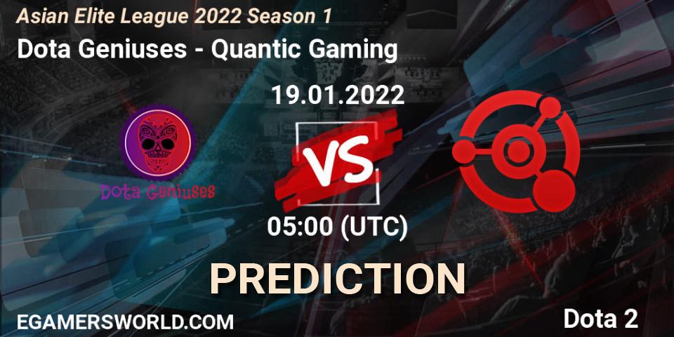 Pronósticos Dota Geniuses - Quantic Gaming. 19.01.2022 at 06:59. Asian Elite League 2022 Season 1 - Dota 2