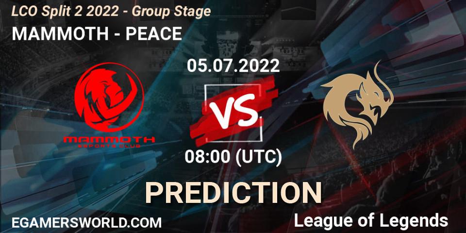 Pronósticos MAMMOTH - PEACE. 05.07.2022 at 08:00. LCO Split 2 2022 - Group Stage - LoL