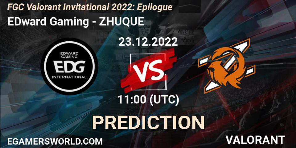 Pronósticos EDward Gaming - ZHUQUE. 23.12.2022 at 11:00. FGC Valorant Invitational 2022: Epilogue - VALORANT
