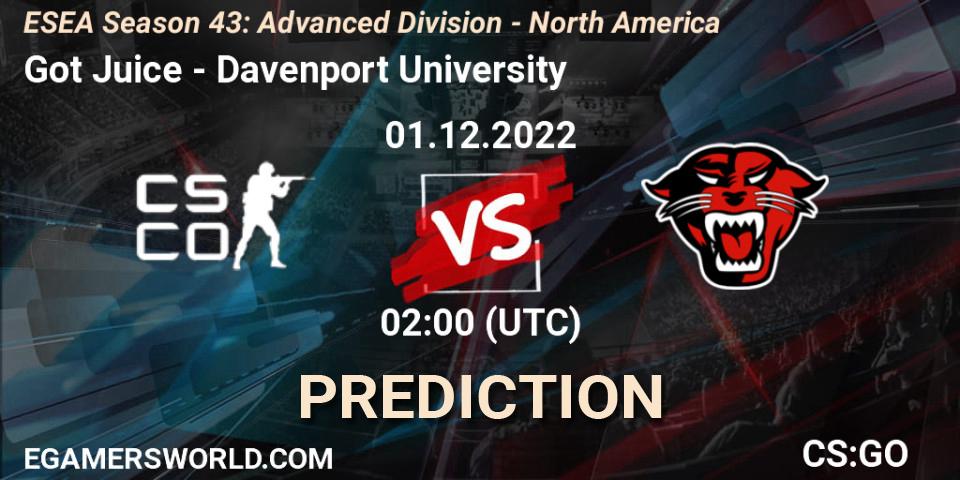 Pronósticos Got Juice - Davenport University. 01.12.22. ESEA Season 43: Advanced Division - North America - CS2 (CS:GO)