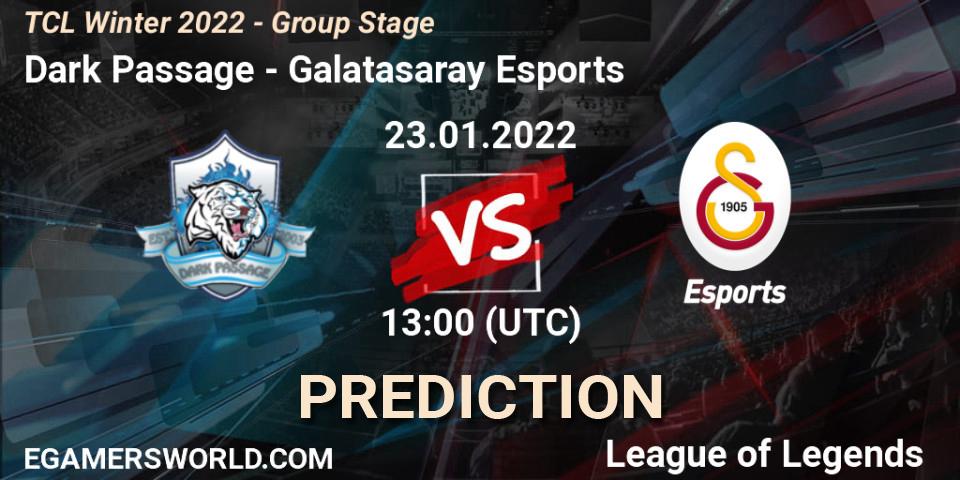 Pronósticos Dark Passage - Galatasaray Esports. 23.01.2022 at 13:00. TCL Winter 2022 - Group Stage - LoL