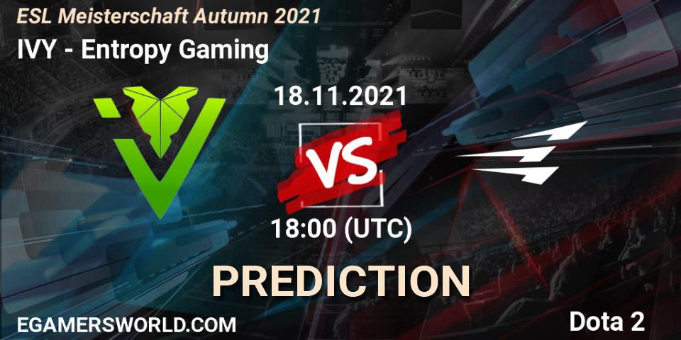 Pronósticos IVY - Entropy Gaming. 18.11.2021 at 18:08. ESL Meisterschaft Autumn 2021 - Dota 2