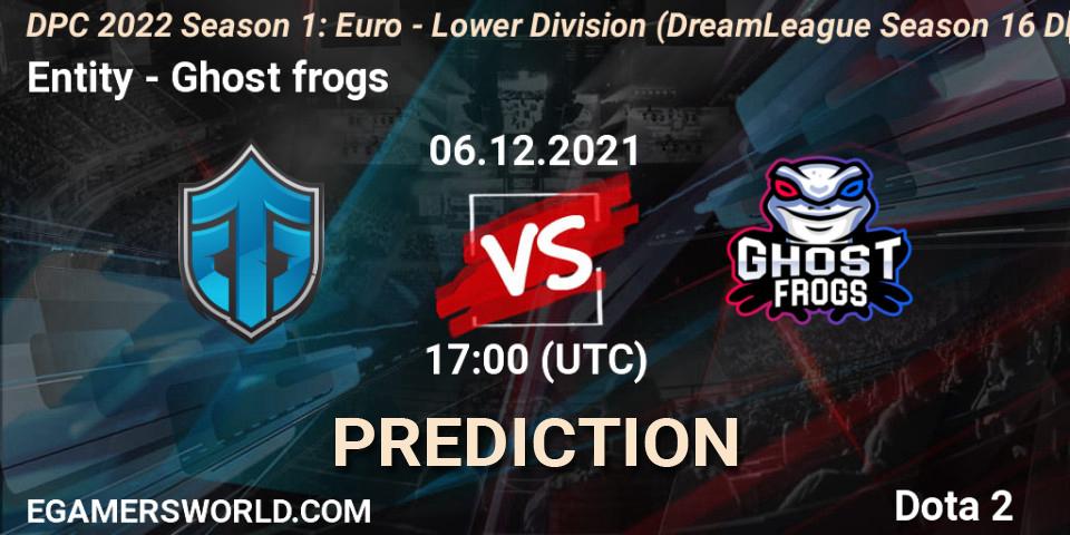 Pronósticos Entity - Ghost frogs. 06.12.2021 at 16:55. DPC 2022 Season 1: Euro - Lower Division (DreamLeague Season 16 DPC WEU) - Dota 2