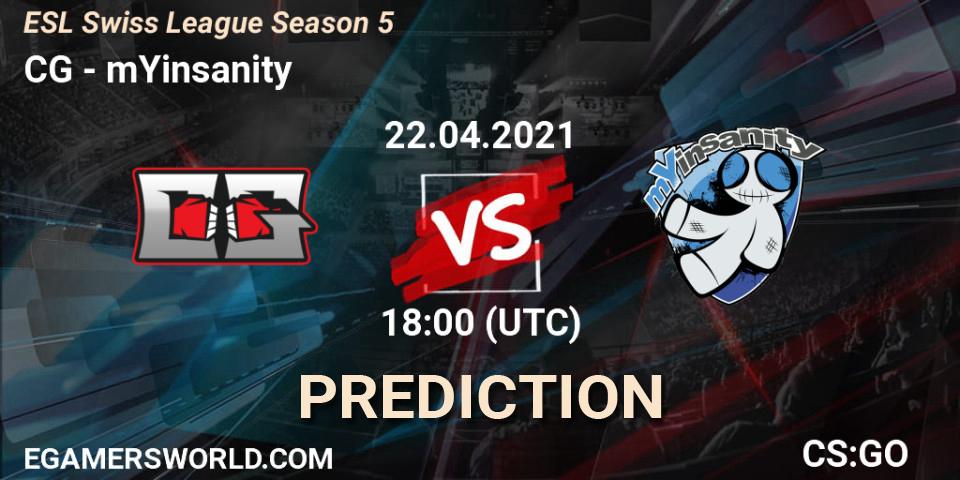 Pronósticos CG - mYinsanity. 22.04.2021 at 18:00. ESL Swiss League Season 5 - Counter-Strike (CS2)