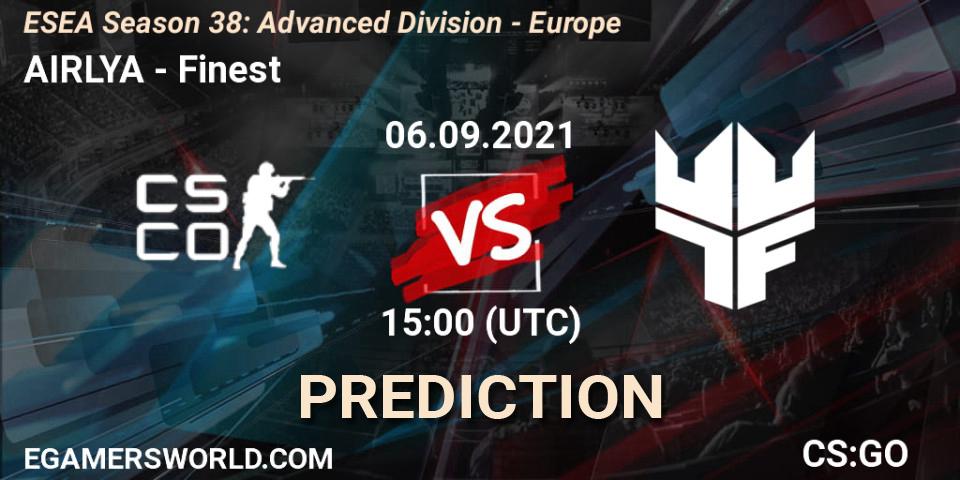 Pronósticos AIRLYA - Finest. 06.09.2021 at 15:00. ESEA Season 38: Advanced Division - Europe - Counter-Strike (CS2)
