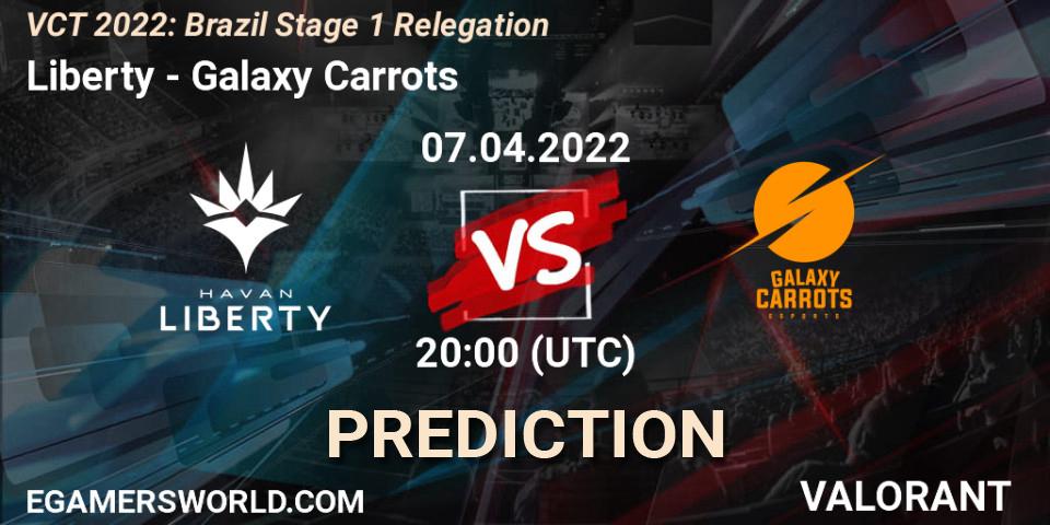 Pronósticos Liberty - Galaxy Carrots. 07.04.2022 at 20:00. VCT 2022: Brazil Stage 1 Relegation - VALORANT