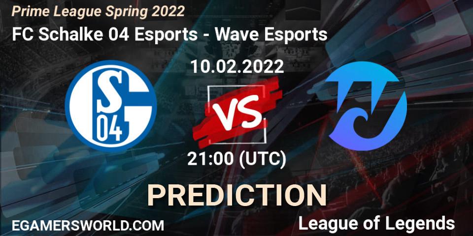 Pronósticos FC Schalke 04 Esports - Wave Esports. 10.02.2022 at 21:30. Prime League Spring 2022 - LoL