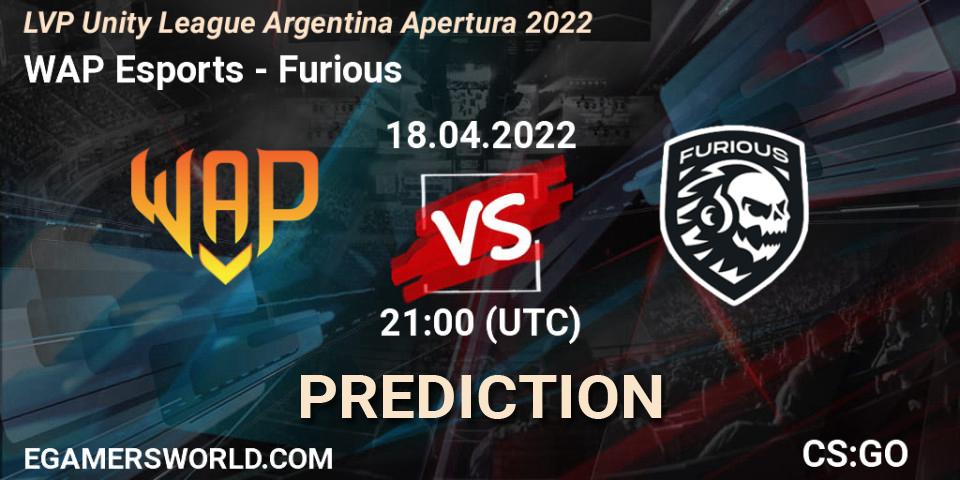 Pronósticos WAP Esports - Furious. 27.04.2022 at 21:00. LVP Unity League Argentina Apertura 2022 - Counter-Strike (CS2)