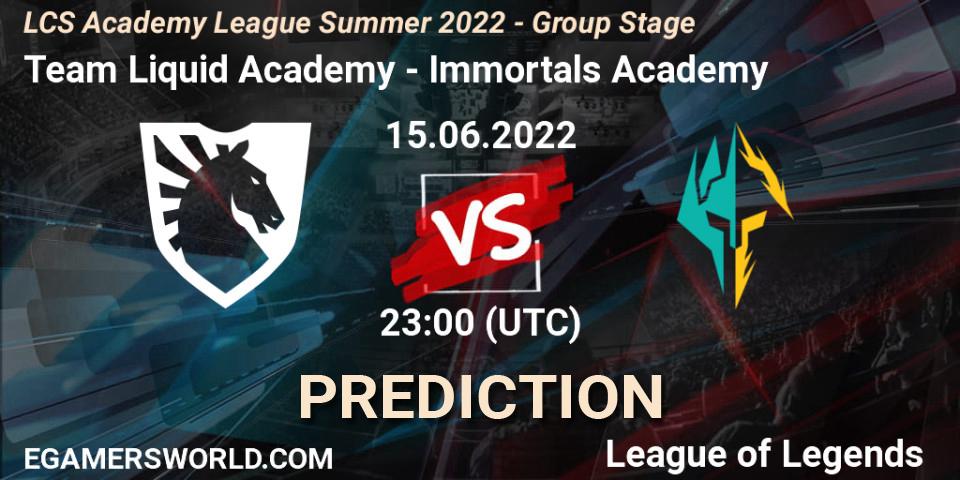 Pronósticos Team Liquid Academy - Immortals Academy. 15.06.2022 at 22:00. LCS Academy League Summer 2022 - Group Stage - LoL