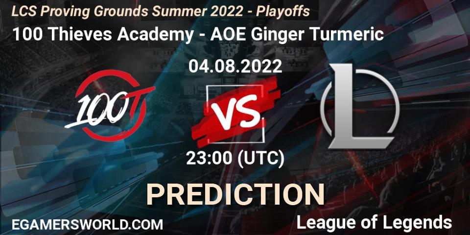 Pronósticos 100 Thieves Academy - AOE Ginger Turmeric. 04.08.2022 at 22:00. LCS Proving Grounds Summer 2022 - Playoffs - LoL
