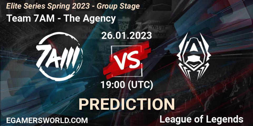 Pronósticos Team 7AM - The Agency. 26.01.2023 at 19:00. Elite Series Spring 2023 - Group Stage - LoL