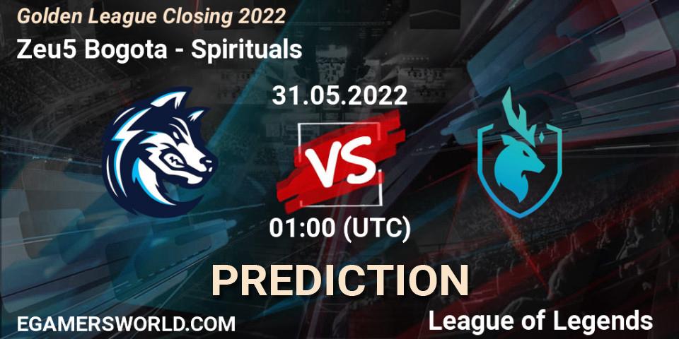 Pronósticos Zeu5 Bogota - Spirituals. 31.05.2022 at 01:00. Golden League Closing 2022 - LoL