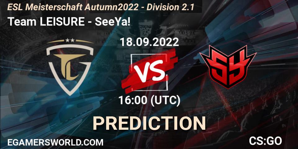 Pronósticos Team LEISURE - SeeYa!. 18.09.2022 at 16:00. ESL Meisterschaft Autumn 2022 - Division 2.1 - Counter-Strike (CS2)