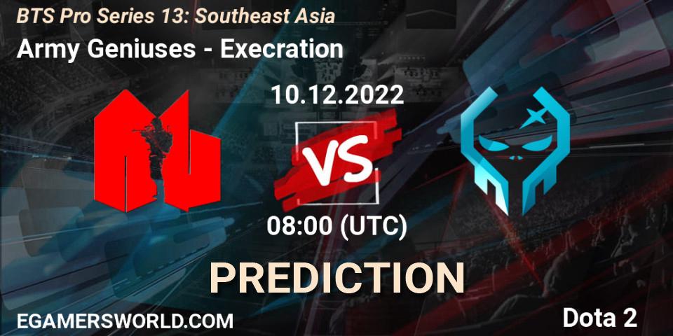 Pronósticos Army Geniuses - Execration. 10.12.2022 at 08:02. BTS Pro Series 13: Southeast Asia - Dota 2