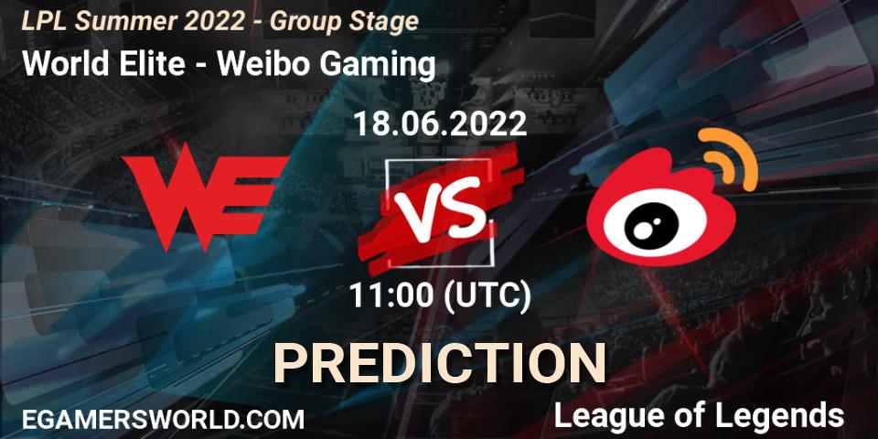 Pronósticos World Elite - Weibo Gaming. 18.06.2022 at 11:00. LPL Summer 2022 - Group Stage - LoL