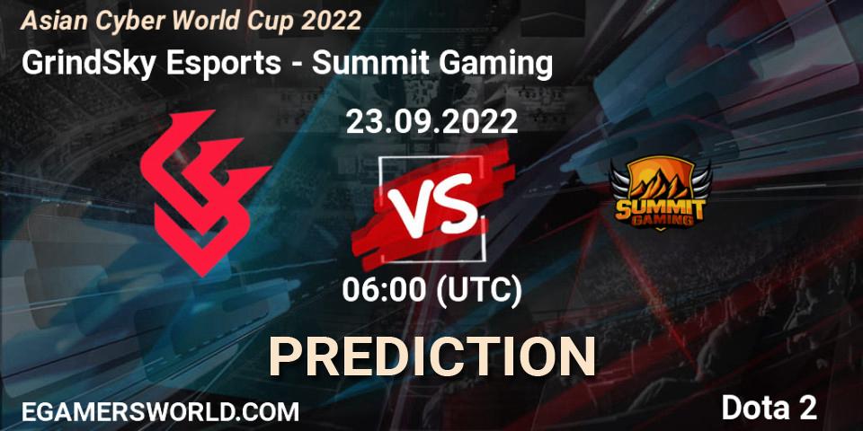 Pronósticos GrindSky Esports - Summit Gaming. 23.09.2022 at 06:04. Asian Cyber World Cup 2022 - Dota 2