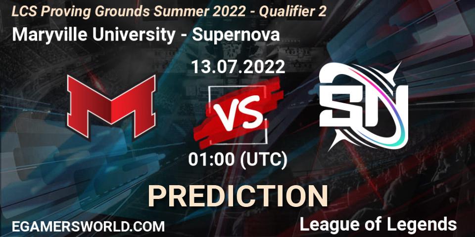 Pronósticos Maryville University - Supernova. 13.07.2022 at 01:00. LCS Proving Grounds Summer 2022 - Qualifier 2 - LoL