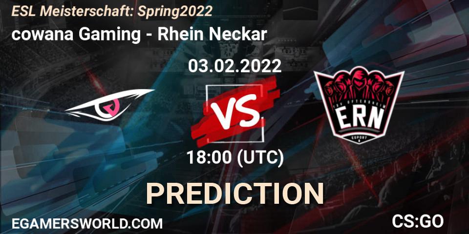 Pronósticos cowana Gaming - Rhein Neckar. 03.02.2022 at 18:00. ESL Meisterschaft: Spring 2022 - Counter-Strike (CS2)