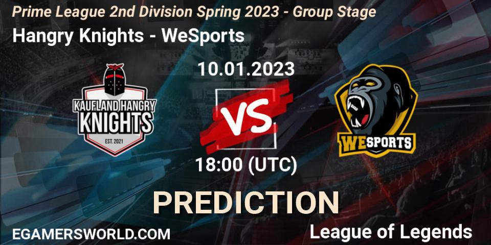 Pronósticos Hangry Knights - WeSports. 10.01.2023 at 18:00. Prime League 2nd Division Spring 2023 - Group Stage - LoL