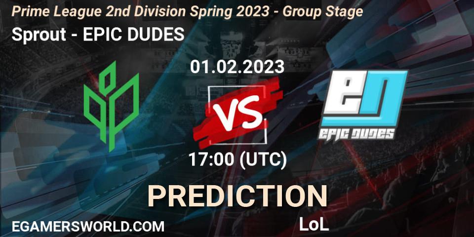 Pronósticos Sprout - EPIC DUDES. 01.02.2023 at 17:00. Prime League 2nd Division Spring 2023 - Group Stage - LoL