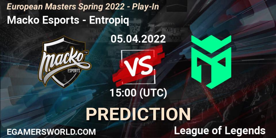 Pronósticos Macko Esports - Entropiq. 05.04.2022 at 15:00. European Masters Spring 2022 - Play-In - LoL
