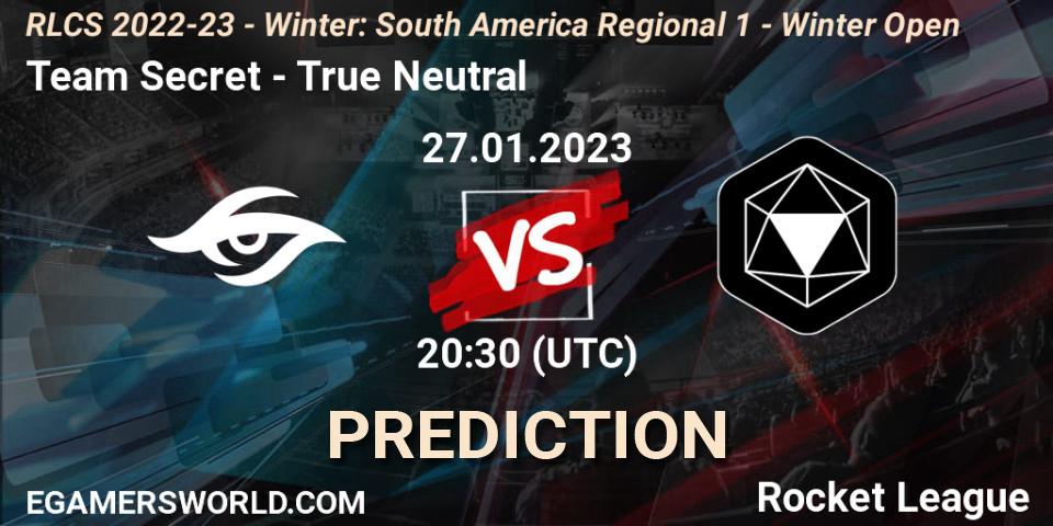 Pronósticos Team Secret - True Neutral. 27.01.2023 at 20:30. RLCS 2022-23 - Winter: South America Regional 1 - Winter Open - Rocket League