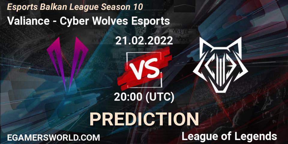 Pronósticos Valiance - Cyber Wolves Esports. 21.02.2022 at 20:00. Esports Balkan League Season 10 - LoL