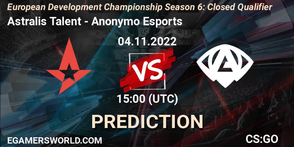 Pronósticos Astralis Talent - Anonymo Esports. 04.11.2022 at 15:00. European Development Championship Season 6: Closed Qualifier - Counter-Strike (CS2)