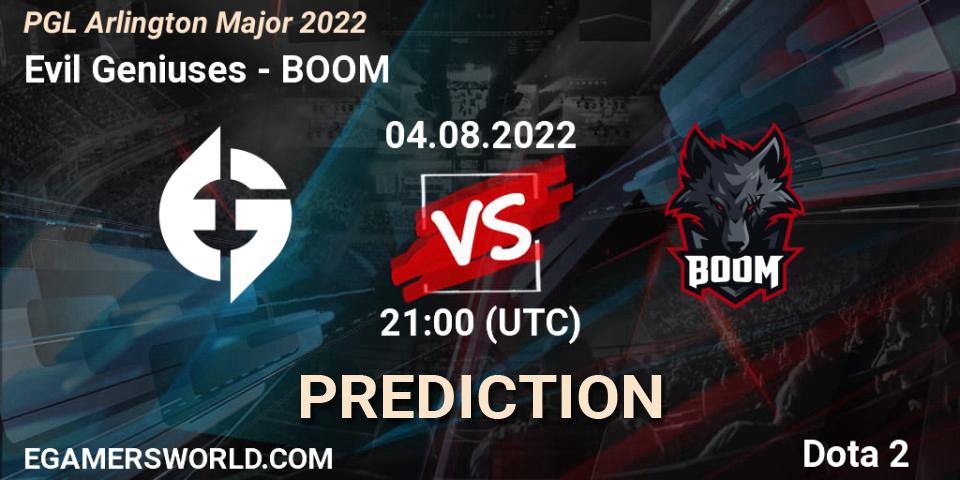 Pronósticos Evil Geniuses - BOOM. 04.08.2022 at 21:58. PGL Arlington Major 2022 - Group Stage - Dota 2