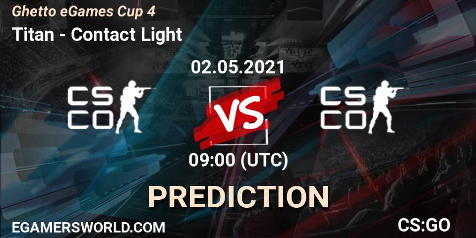 Pronósticos Titan - Contact Light. 02.05.2021 at 09:10. Ghetto eGames Season 1: Cup #4 - Counter-Strike (CS2)