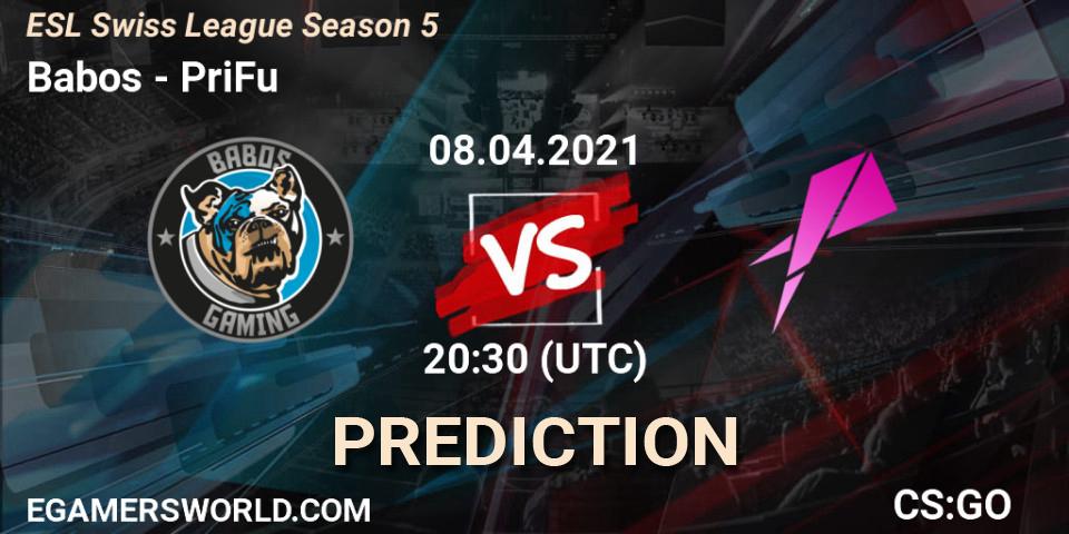 Pronósticos Babos - PriFu. 08.04.2021 at 20:30. ESL Swiss League Season 5 - Counter-Strike (CS2)